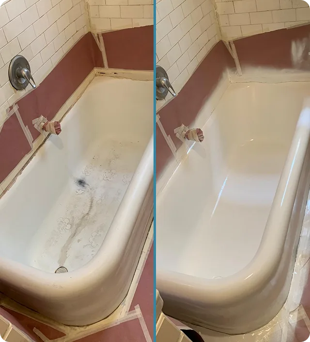 Bathtub reglazing before and after — worn stained tub restored to bright white finish by Long Island Reglazing