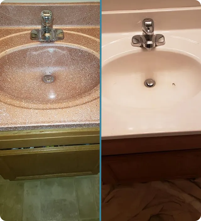 Sink reglazing before and after — stained worn sink restored to bright white finish by Long Island Reglazing