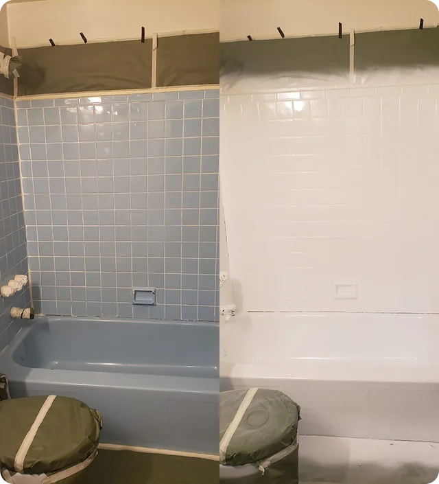 Tile and bathtub reglazing before and after — dull blue tiles restored to bright white finish by Long Island Reglazing